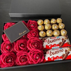 Coffret friandises + chocolat ferrero + fleurs